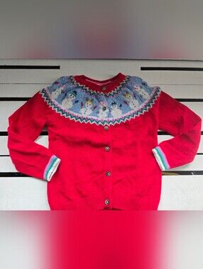 Mini Boden Red Cardigan with Multicolor Snowman Yoke